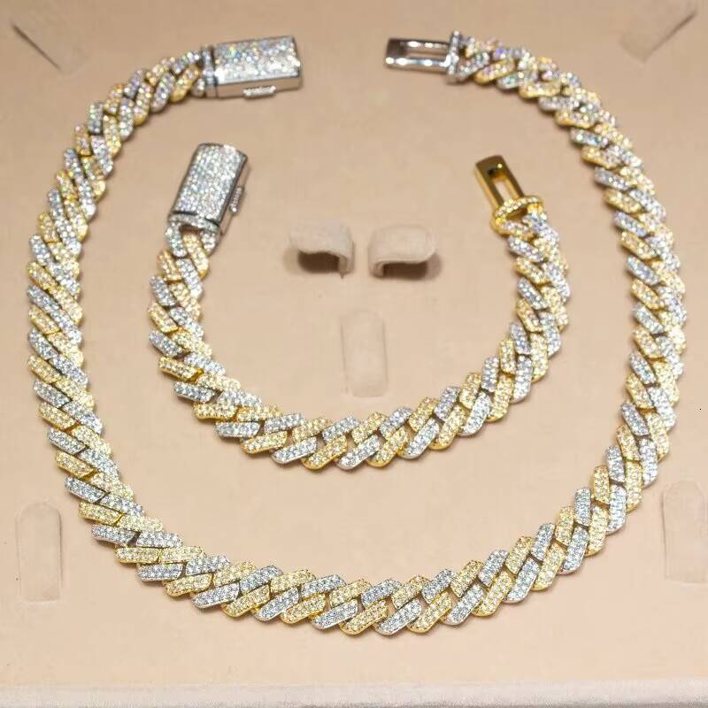 Hip Hop Iced Out Two Tone Moissanite Cuban Chain 12mm 925 Sterling Silver VVS Moissanite Cuban Link Chain