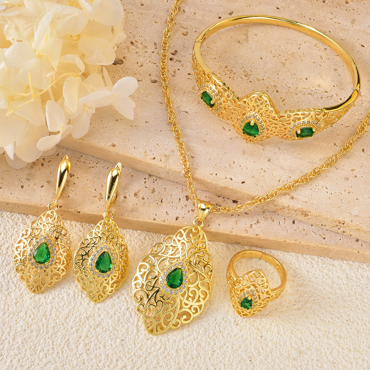 Arabic Jewelry Sets Morocco Choker Necklace Dangler Earring Bracelet Ring Gold Color Ethnic Women Charm Bijoux 250606