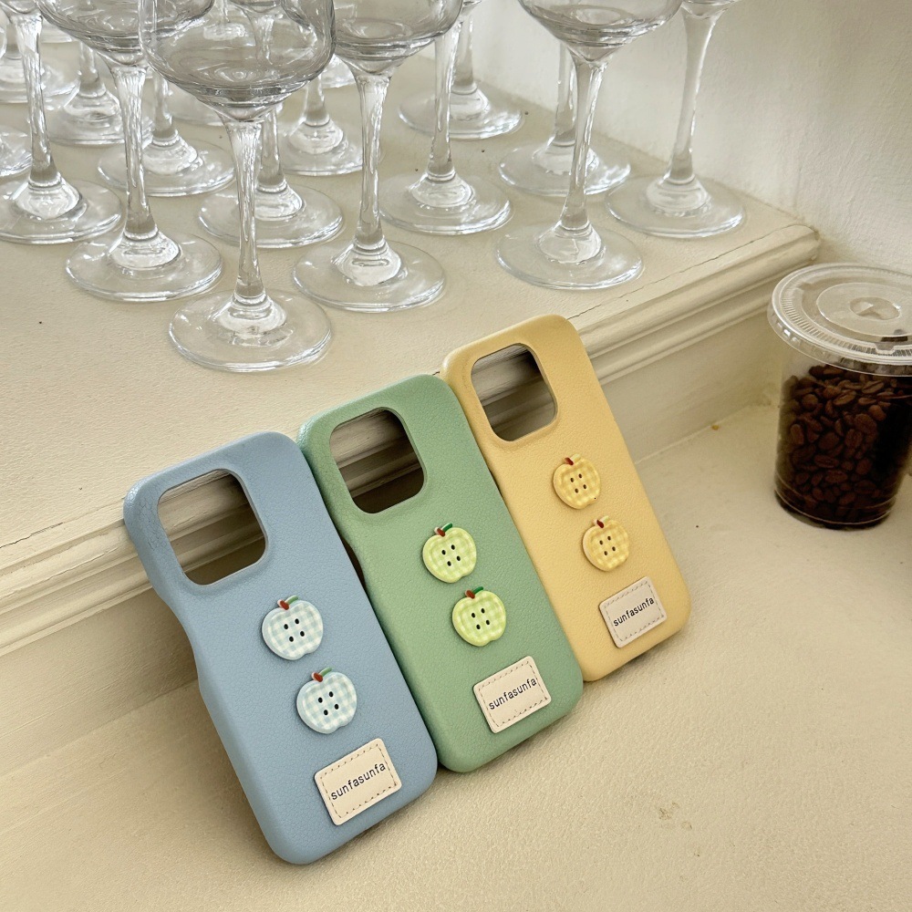 Leather Apple Button Phone Case Compatible with iPhone 16 Pro Minimalist Solid Color Shockproof iPhone 15/14/13 Cartoon Protection