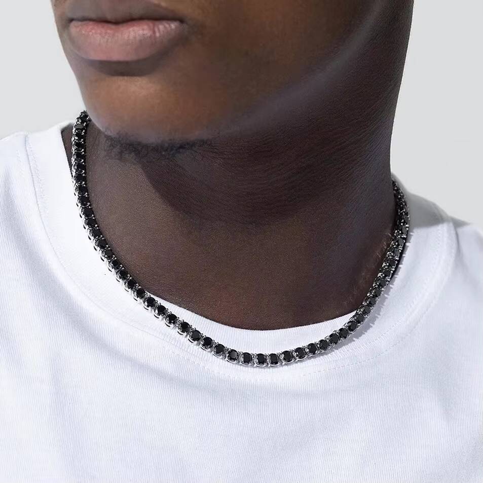 Hiphop Jewelry 925 Sterling Black Gold Plated 3mm 4mm 5mm 6mm Black Moissanite Tennis Chain for Men