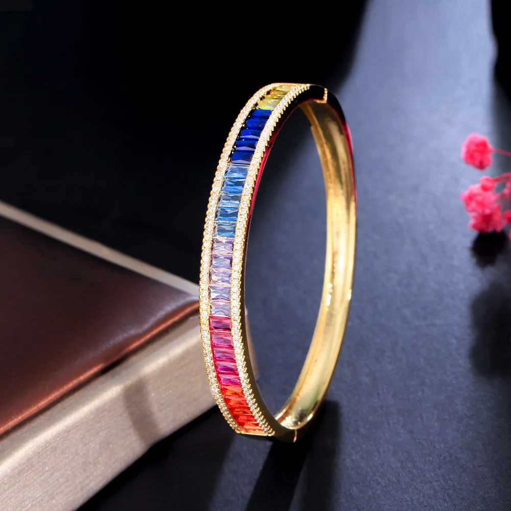 CWWZircons Unique Baguette Rainbow Cubic Zirconia Round Open Cuff Bangle for Women Trendy Brazilian Gold Plated Jewelry BG048T251113