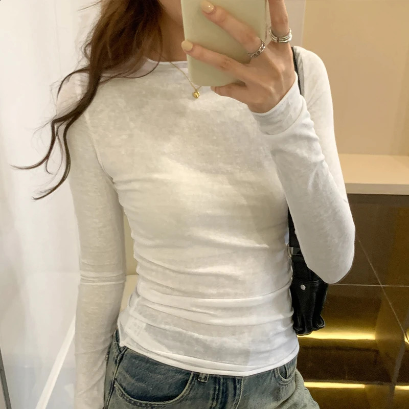 Spring/Autumn Womens T-shirt solid ultra-thin suitable for long sleeved O-neck T-shirt womens casual streetwear high-quality underwear 250410