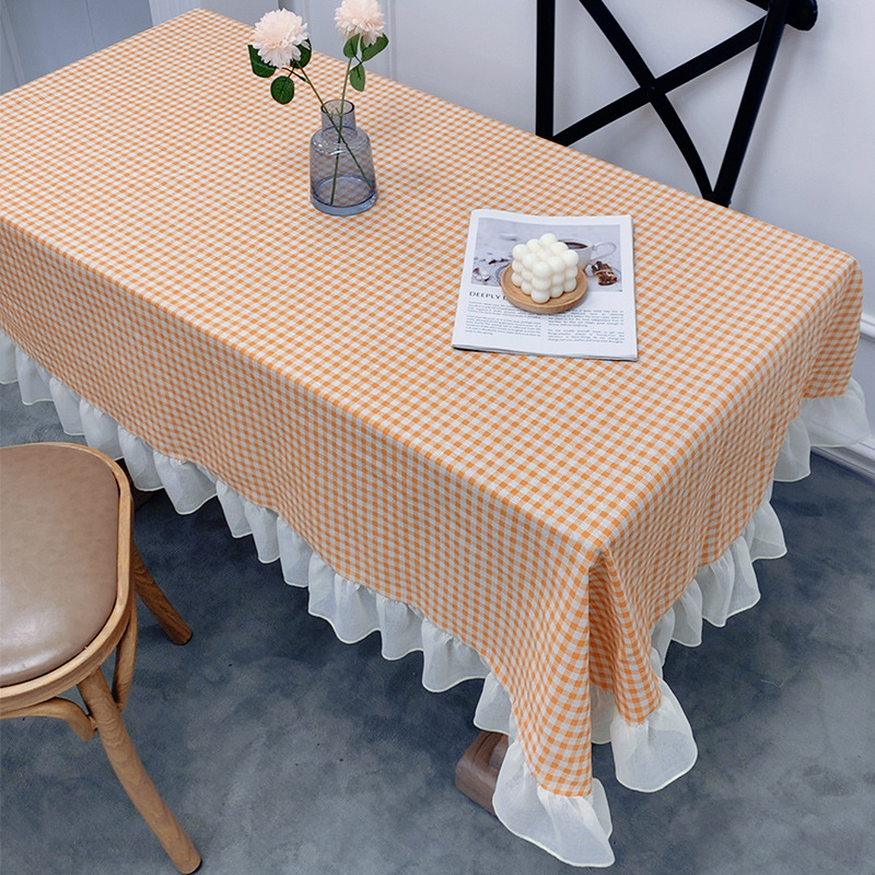 Checkered tablecloth with lace trim, thickened tablecloth, coffee table cover, cotton and linen fabric with square patterns. SD3L01