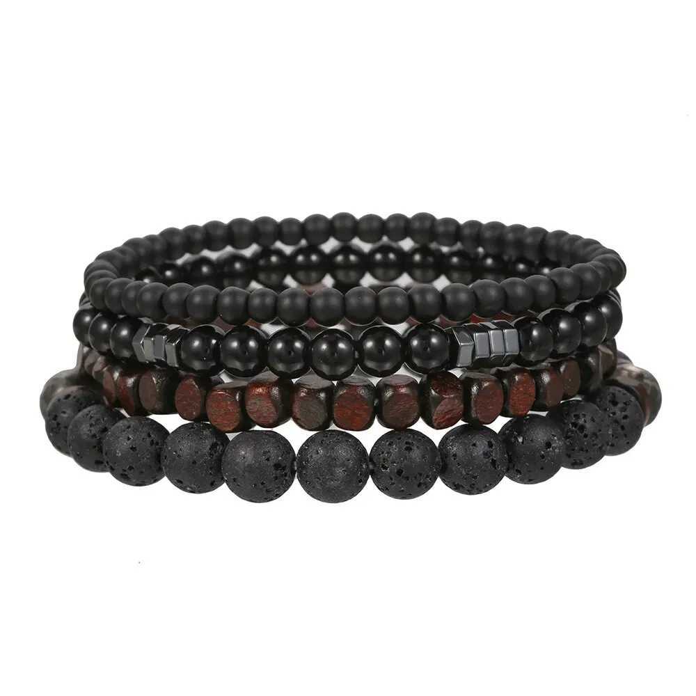 4Pcs/Set Black Gall Stone Volcanic Stone Wood Beads Multi-layer Mens Combination Elastic Bracelet For Couple Friends JewelryC250411