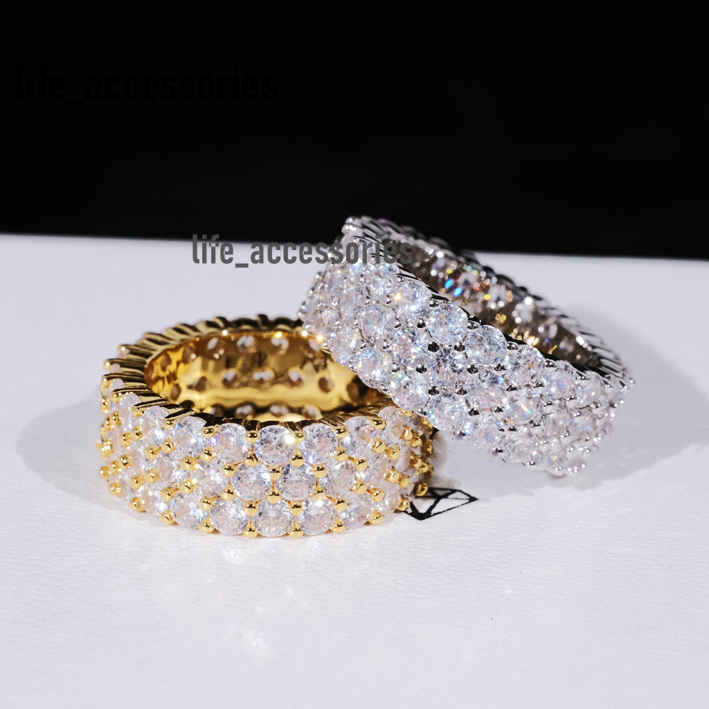Iced Out Hiphop Moissanite Ring Band 3 Row Pave Setting Eternity Ring Gold Plated 925 Sterling Silver Vvs Moissanite Ring