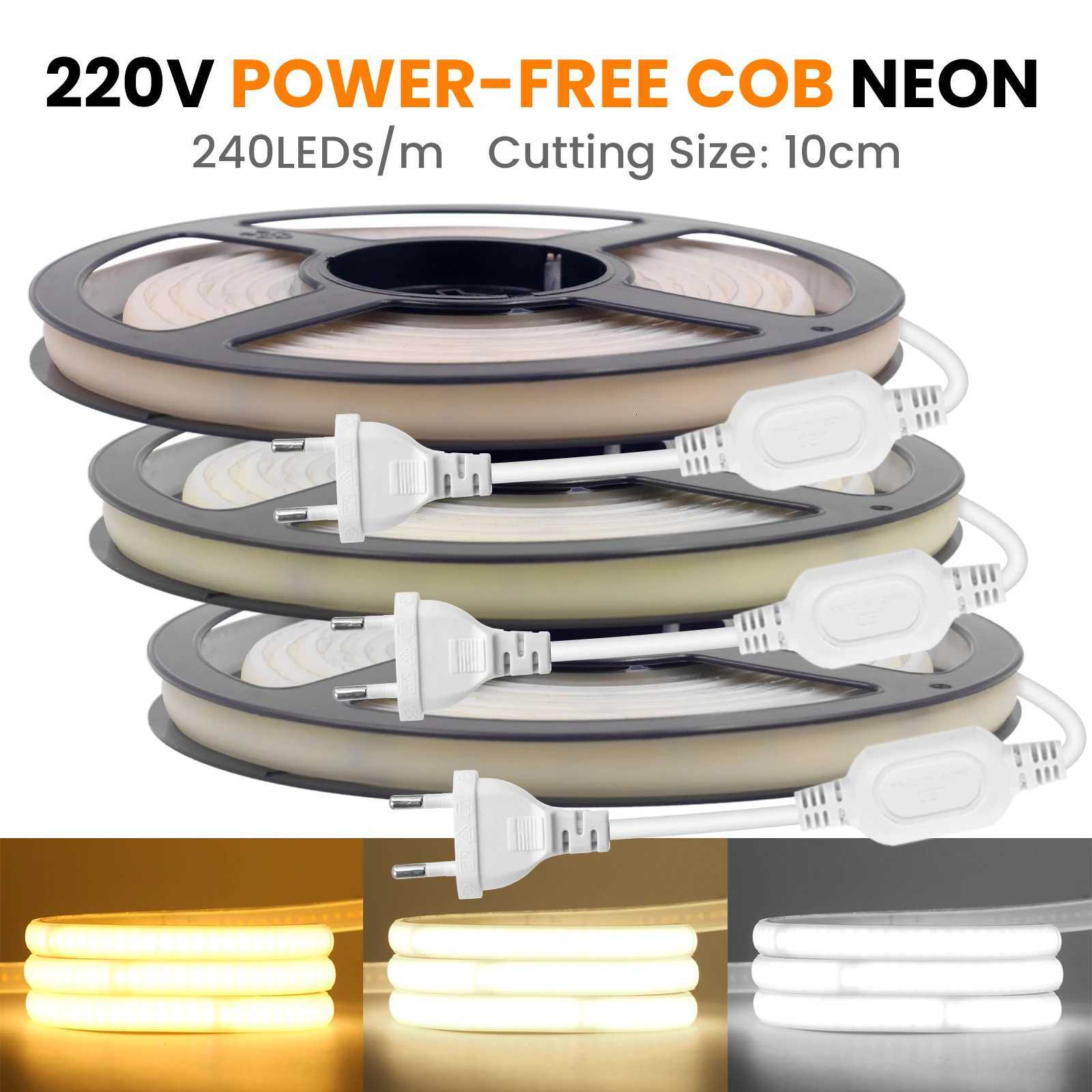 IP65 COB Self-adhesive Tape LED Neon Light Strips AC 230V RA90 Waterproof Outdoor Garden FOB Ribbon Lamp 2Pin Wire/EU Power Plug W251112