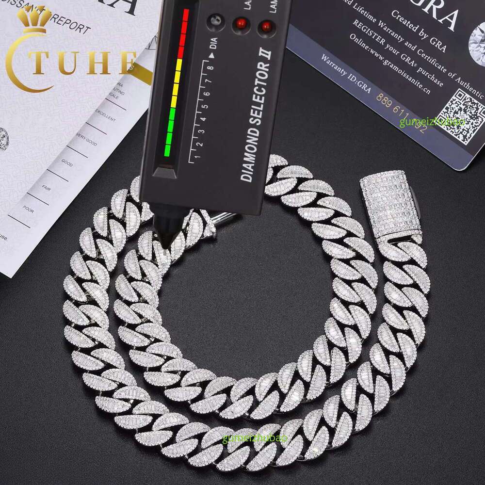 New Style Hip Hop Mens Jewelry 15mm Sterg Sier VVS Baguette Moissanite Dia Iced Out Cuban k Chain Necklace