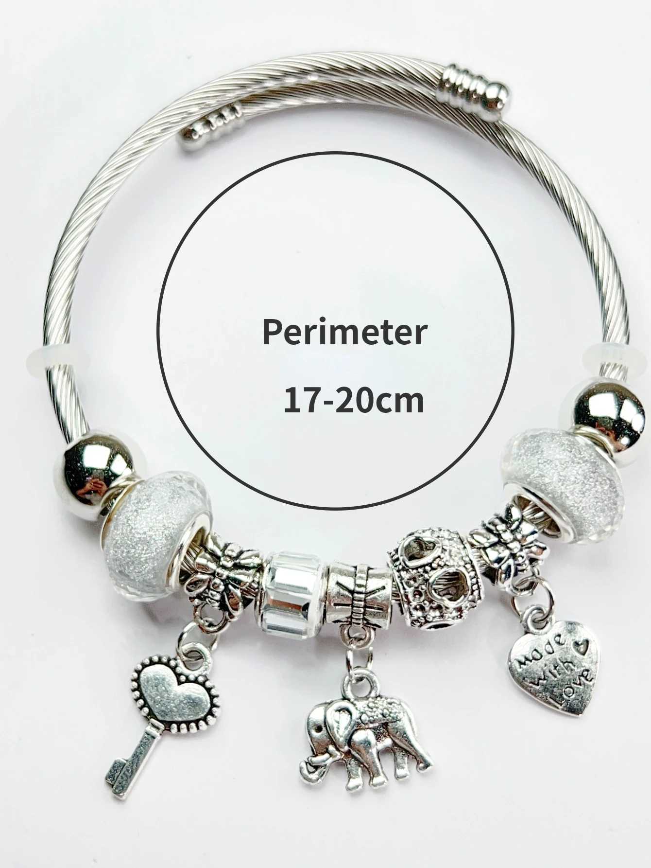 Adjustable Silver Color Alloy Elephant Heart Pendant Artificial Zircon Bangle Round Bead Bracelet Cuff for Women Elegant WeddingC250411