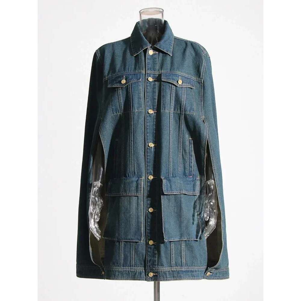 Casual Spliced Button Solid Denim Jackets For Women Lapel Cloak Sleeve Patchwork Pockets Streetwear Loose Coats Female New