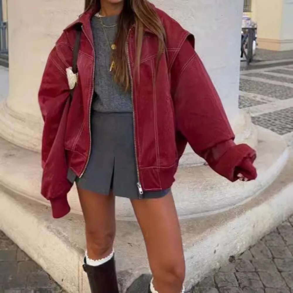 Fashion Patchwork Lapel Long Sleeve Coats Vintage Red Zipper Leather Jacket For Women 2025 Autumn Winter Female Casual Outerwear