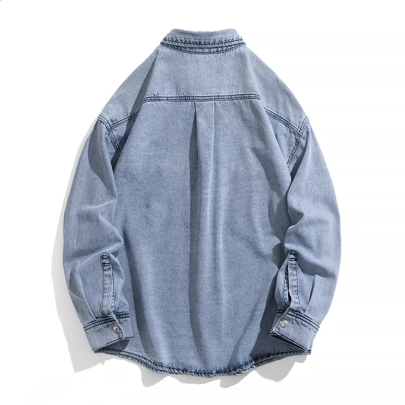 Retro mens long sleeved cargo denim shirt jacket street casual jacket oversized workwear with patch pockets 250411