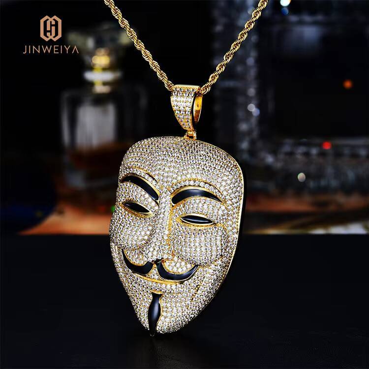 JWY Custom 18K Gold Plated Brass CZ Vendetta Smile Face Hip Hop Rap Man Pendant Necklace with Zircon Main Stone