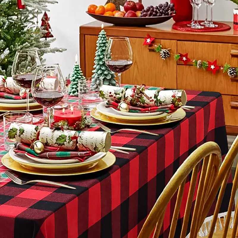 Christmas Buffalo Checked Tassel Tablecloth Rectangle Plaid Polyester Table Covers Holiday Picnic Kitchen Dining Room Christmas Decoration Y251113