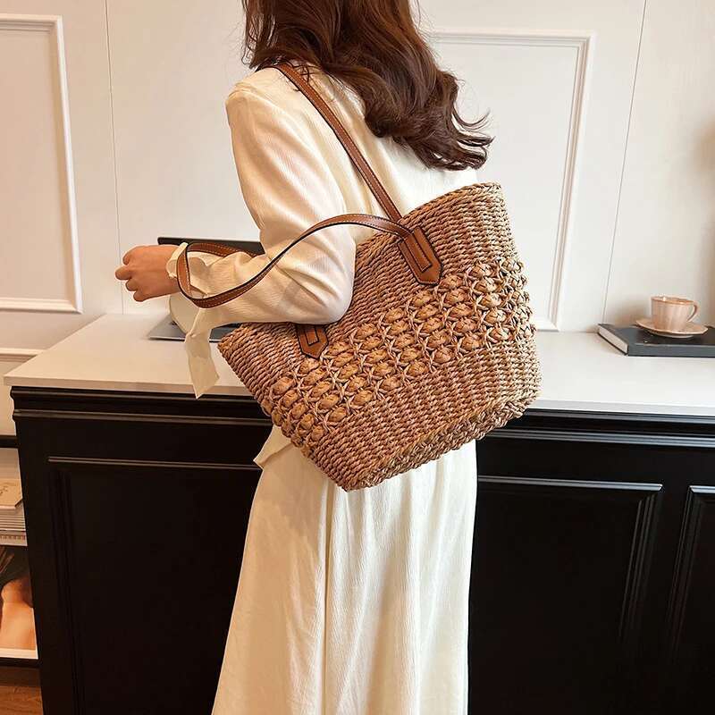 Handmade Beach Bag Handmade Beach Bag Summer For Women Straw Shoulder Bags Rattan Woven Top Handle Hollow Raffia Crochet Beach Bag Casual Handbags Kq1