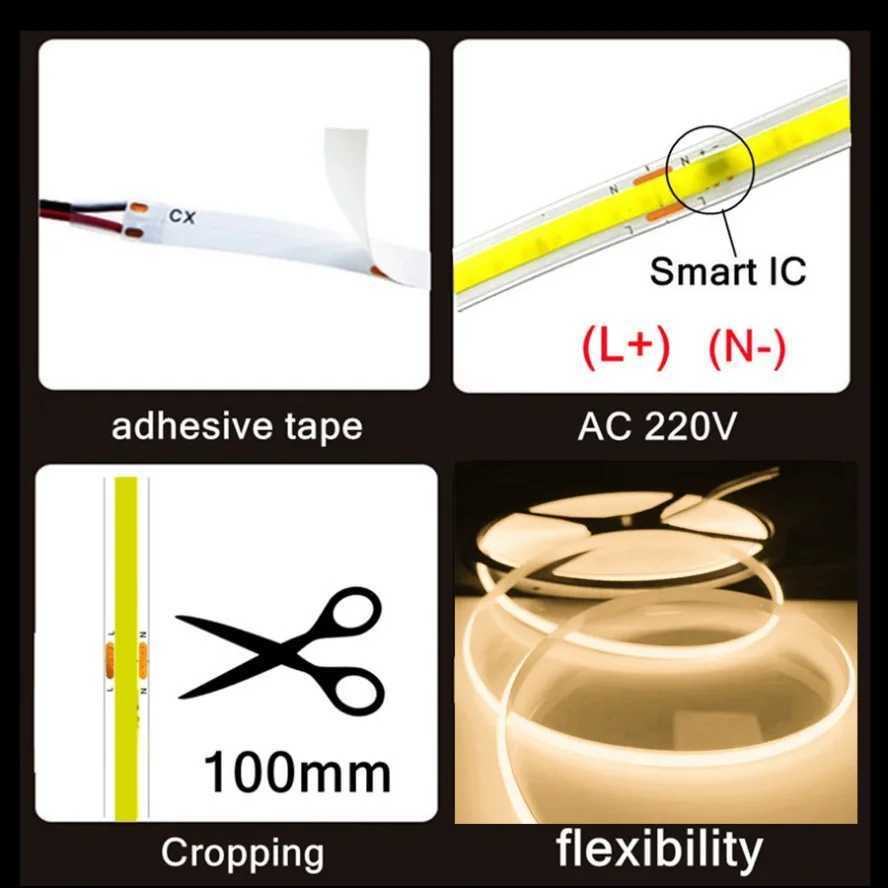 10-1m Multicolour COB LED Strip Light 220V Flexible Tape Light Smart IC No Need Driver High Bright 240 LEDs Linear Lighting RA95 W251112