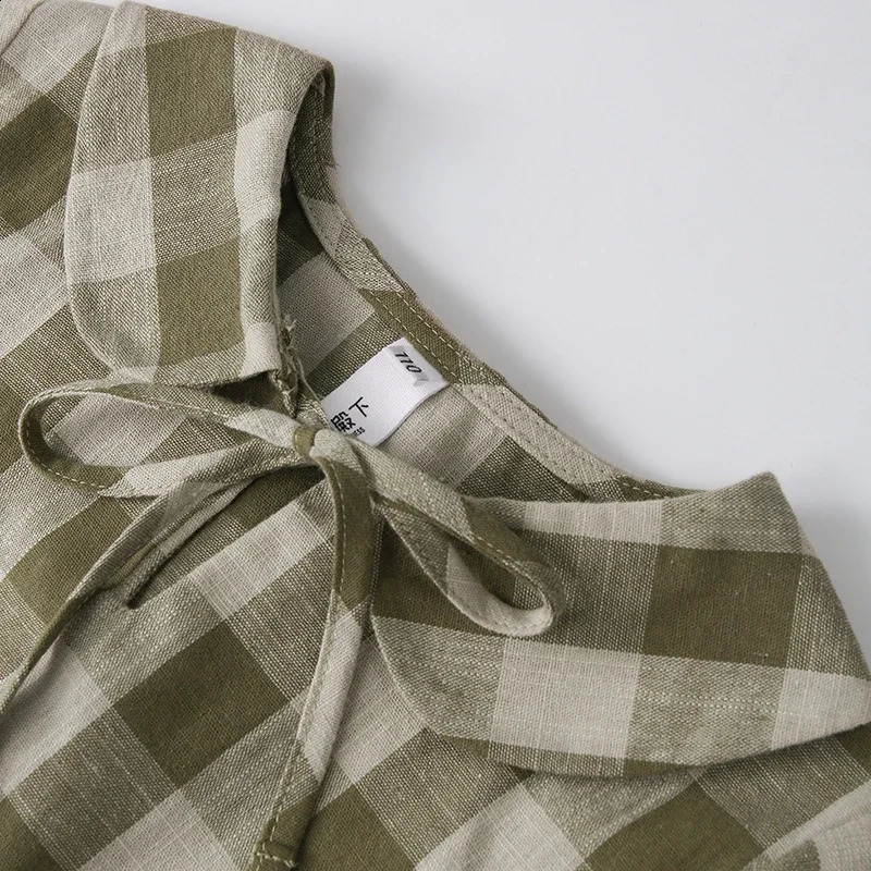 Retro Cotton Linen Green Plaid Shirt For Girls Summer Japanese Children College Style Tie Doll Collar Short-Sleeved T-Shirts 250411
