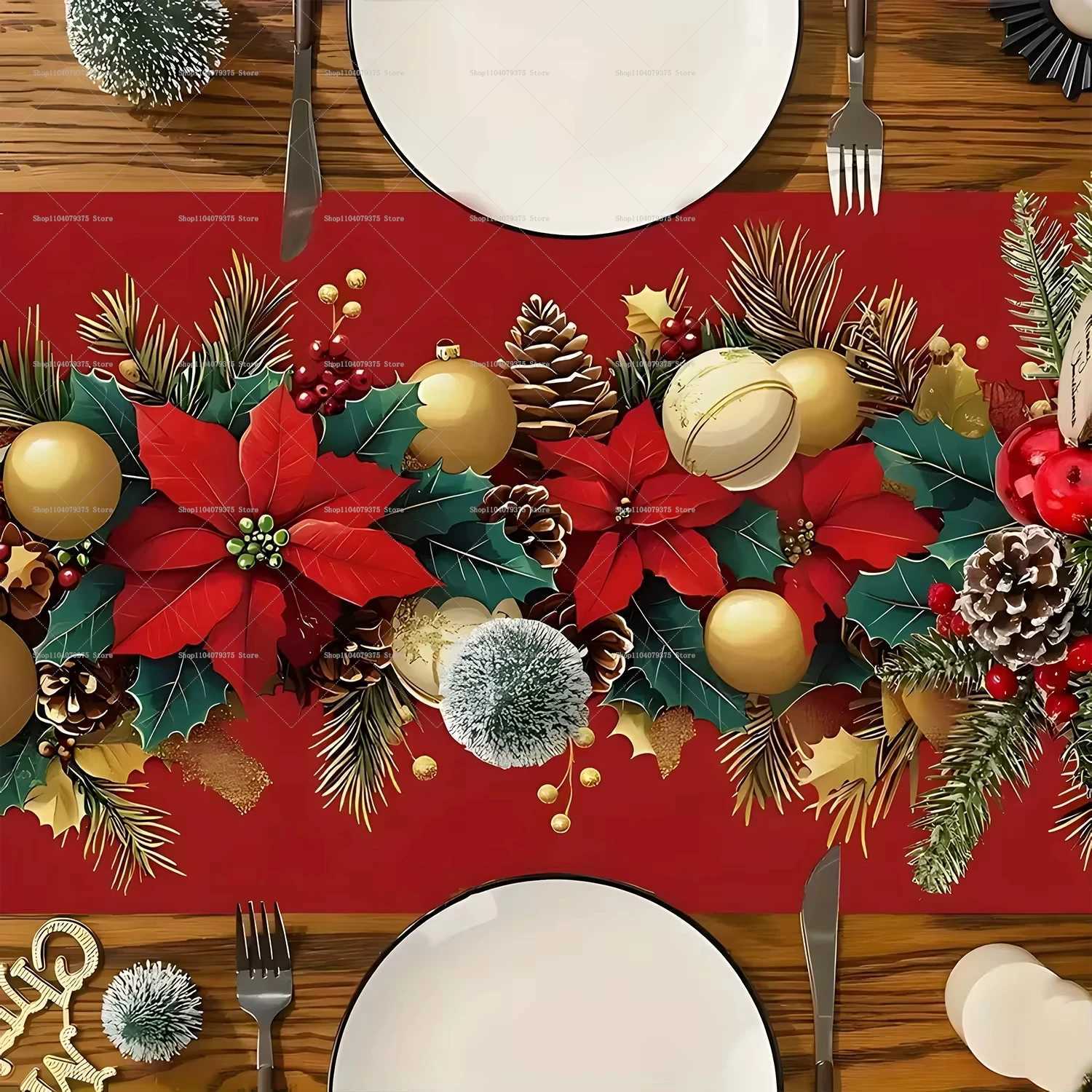 Christmas Christmas Red Leaf Golden Ball Polyester Table Runner Xmas Holiday Poinsettia Gold Ball Table Flag New Year Gift 2026 Y251113