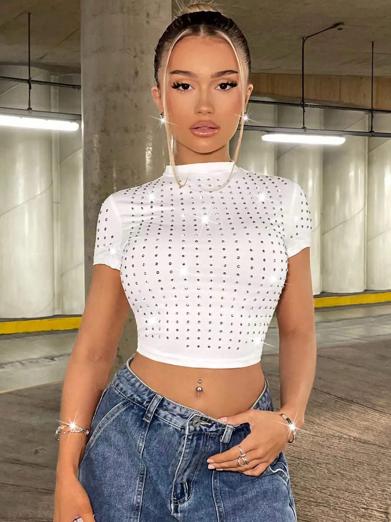 Summer Womens Short Sleeve Versatile Slim Fit Tshirt Casual Fashion Diamond Shoulder Set Round Neck Top 250407