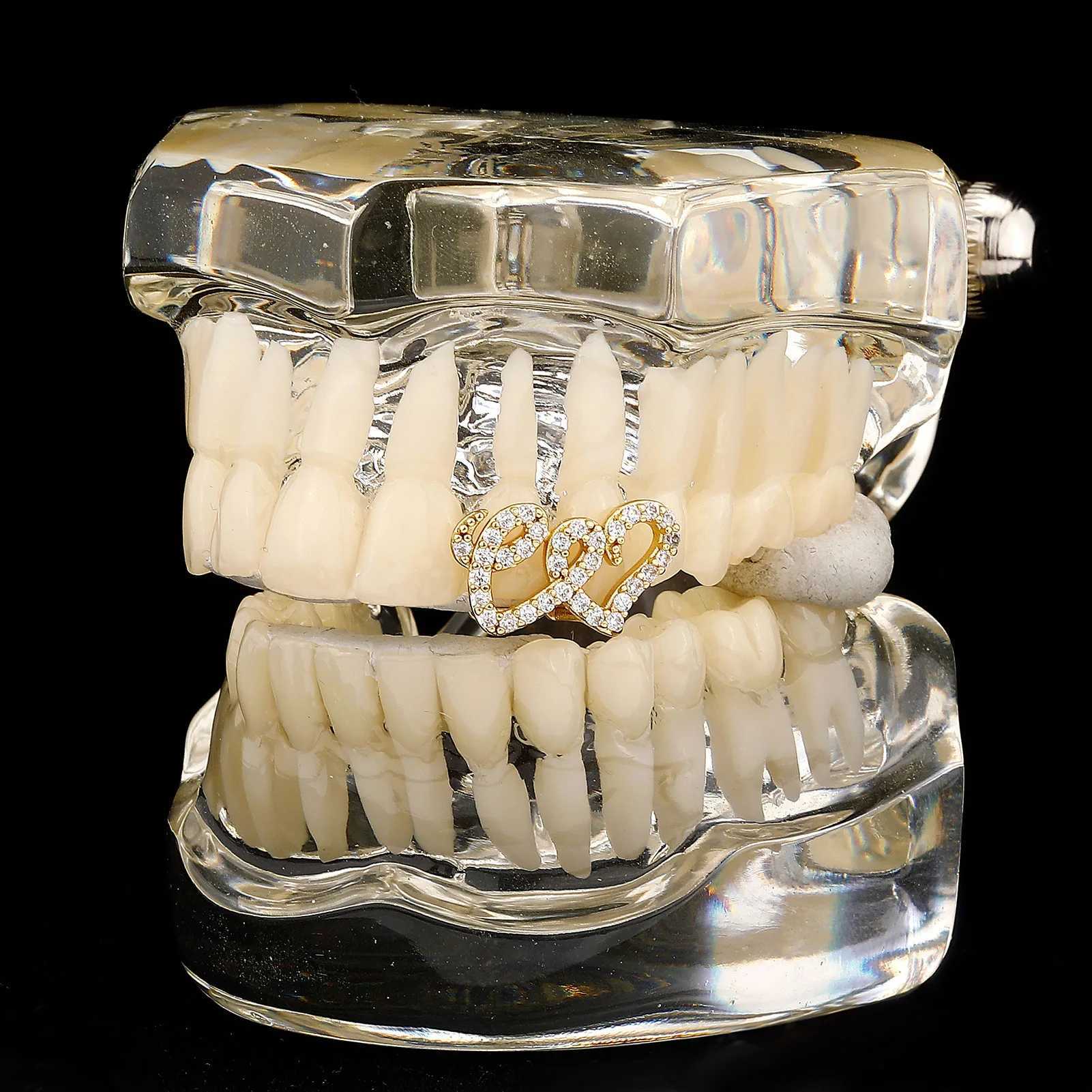Rachelz Hip Hop Full CZ Stone Double Heart shaped Tooth Hat Y2K Punk Zirconia Stone Tooth Grille Suitable for Women Couples Jewelry GiftsXJ250412