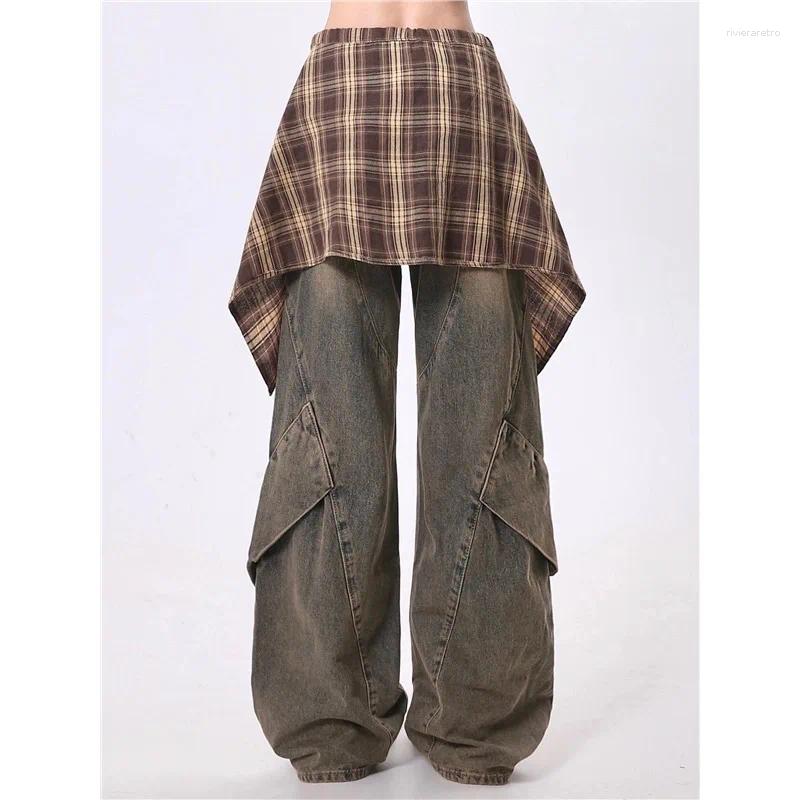 Women's Jeans ZHIZOU Women Blue Y2k With Skirt Harajuku Vintage Baggy Denim Trousers Japanese 90s Style Oversize Jean Long Pants Clothes Z260313