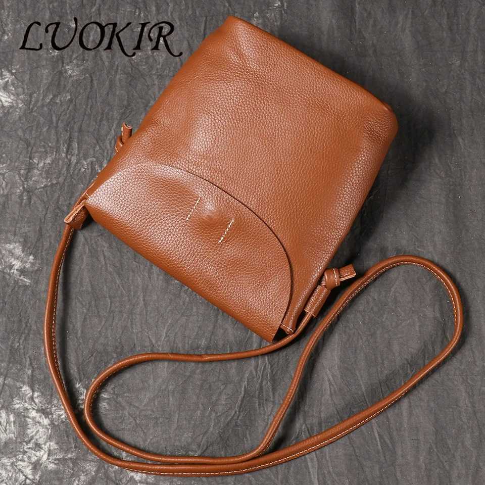 LUOKIR New Genuine Leather Womens Crossbody Bucket Bag Top Layer Cowhide Shoulder Bag Vintage Fashionable Mobile Phone BagW251112