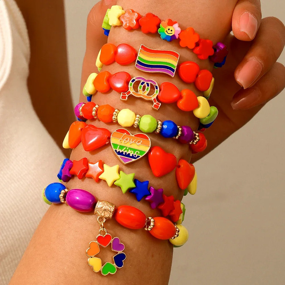7Pc/s Simple Creative Love Five Star Rainbow Flag Color Simple Fashion Wind Elastic Bead Bracelet Set 250409