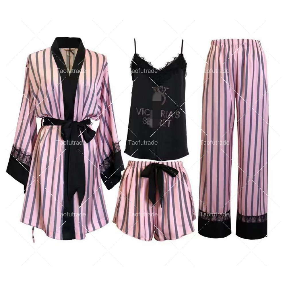 Victoriasecret Pijama Set With Logo Woman Sleepwear Floral Lace Trim Satin Pajamas Set With Robe Silk Pijamas Sets Victoriasecret Casual Home Clothes Nightwear f3c