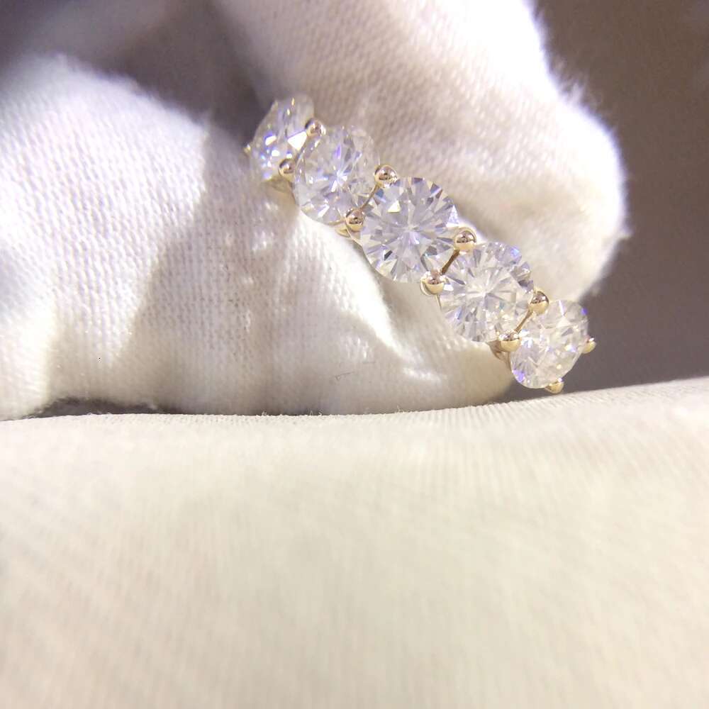 14K Yellow Gold 5pcs Round DEF CVD HPHT Lab Grown Diamond Engagement Band Total 0.5ct Lab Diamond Solitaire Wedding for Women