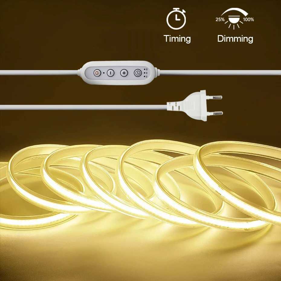 Dimmable COB LED Strip Light 220V High Bright Timing EU UK AU Plug IP65 Waterproof Led Neon Ribbon For Home Living Room Lighting W251112