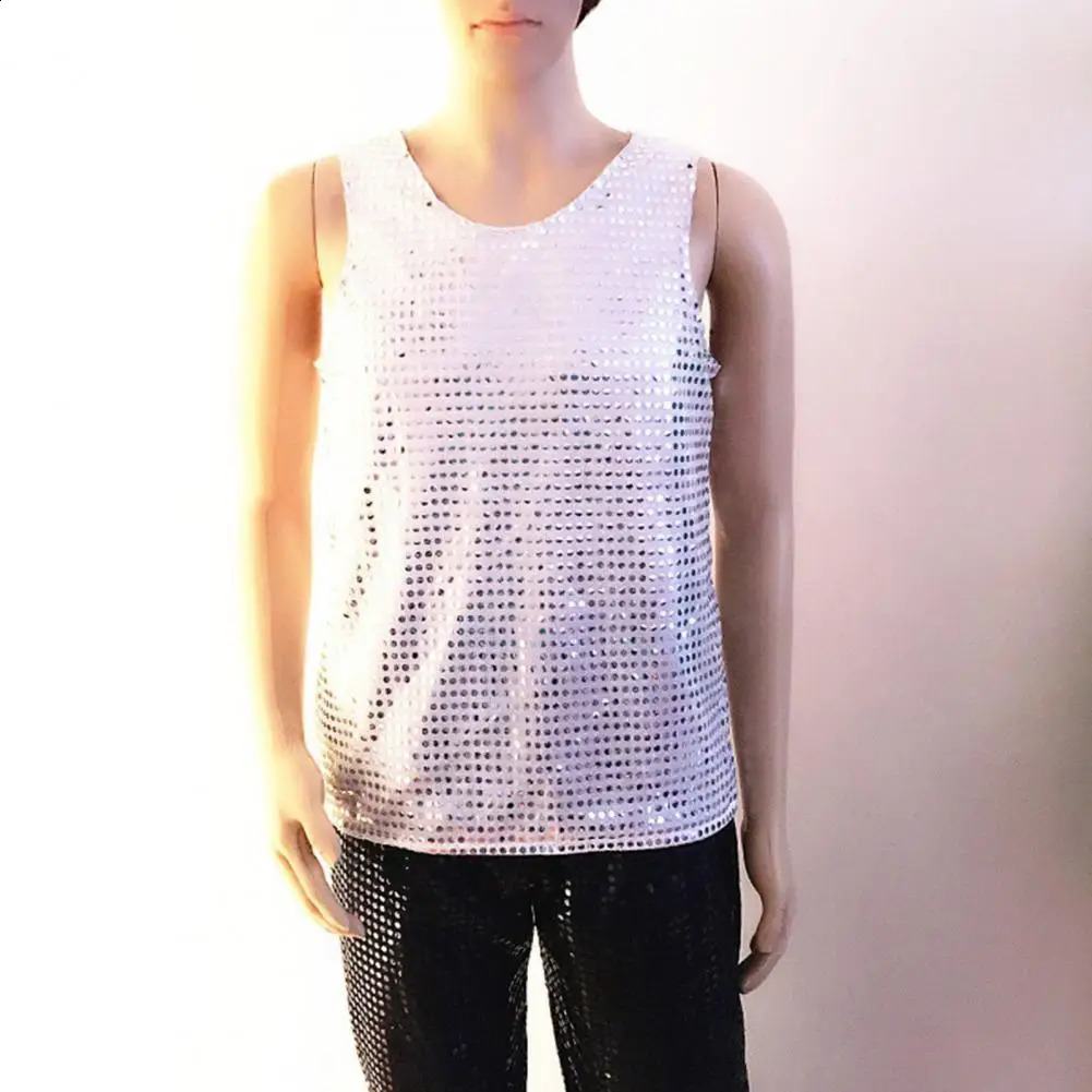 1Pc Cosy Dance Vest Sequin Patch Performance Clothing Shiny Elastic Tops Sleeveless Men Women Attractive Stage Dancing Camisole 250407