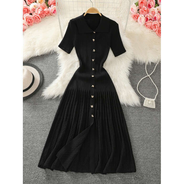 Designer 2025 Summer French Socialite Spicy Girl Style Doll Collar X-Shaped Solid Color Medium Long Slit Knitted Fabric Dress