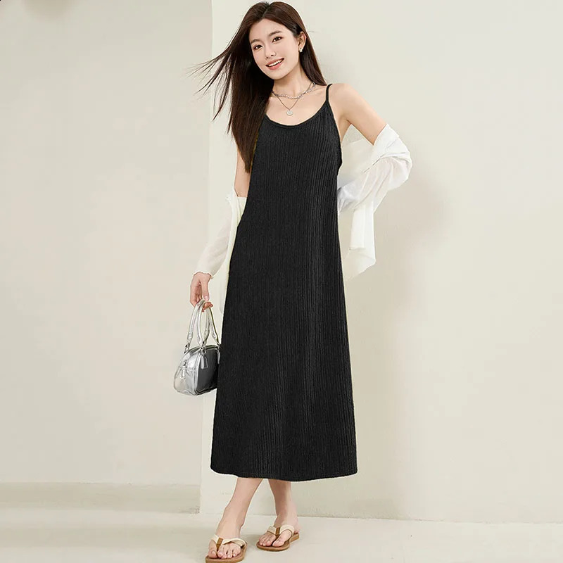 Womens spaghetti strap dress 2025 summer solid color loose long beach sun lace elegant sleeveless party midi 250411