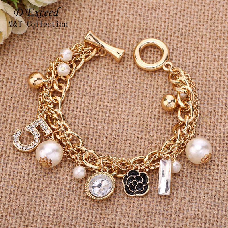 DHcollections Korean Style Multi-layer Small Flower Number 5 Metal Chain Bracelet Jewelry Handmade