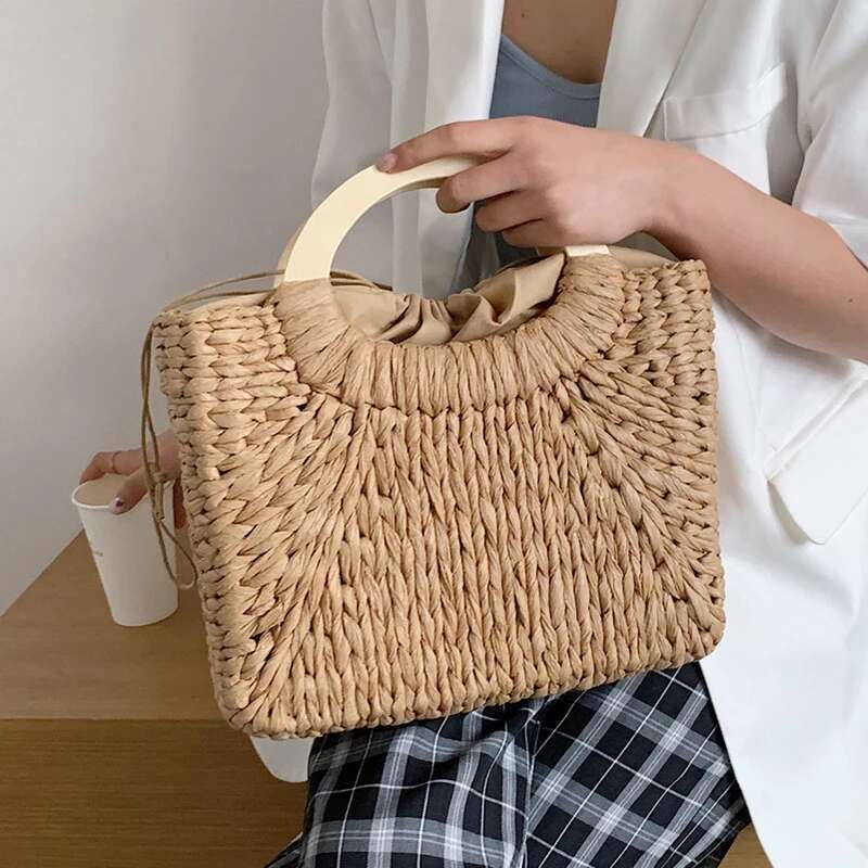Handmade Beach Bag Fashion Lady Straw Woven Basket Handbag Summer Women's Shoulder Bag Bohemia Travel Han Made Beach Bucket Shopper Tote Kq1