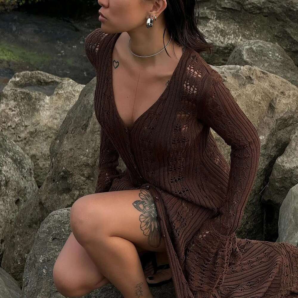 Hirigin Button Front Sleeve Sheer Open-Knit Long Cover-Up Jacket Women Autumn Beach Vacation Outfit Maxi Cardigan