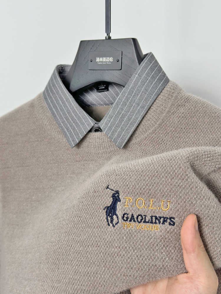 New style men's one-piece fleece-lined thickened sweater with shirt collar, false two-piece, winter warm knitted base layer. X251010