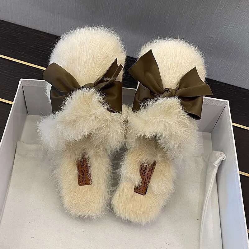 New Free Shipping Designer Shoes Slippers For Women, Worn As Outerwear Hairy Women's New Autumn Fashion Item Flat Bottomed And Versatile Bow Bow 