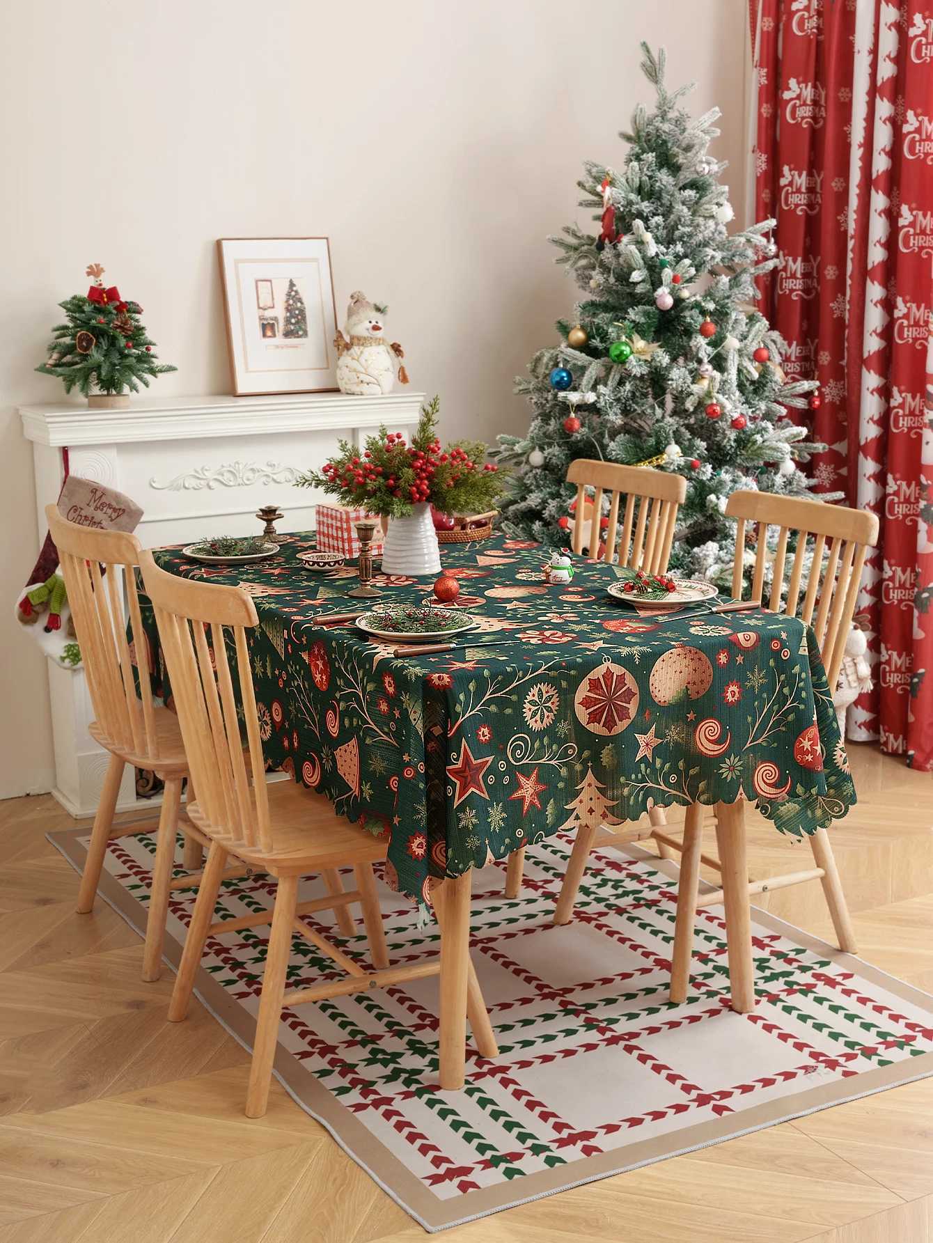 Christmas American Style Christmas Tree Print Tablecloth Green Background Christmas Party Tablecloth Non-Slip Decorative Dining Table Deco Y251113