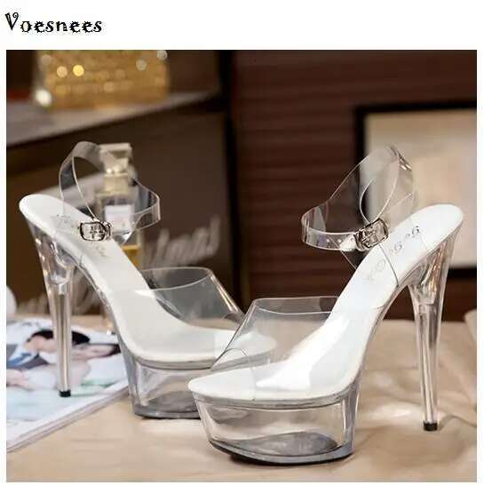 Women Female Model T Station Catwalk Sexy Crystal Transparent Shoes 15Cm High Heels Waterproof Fish Head Sandals