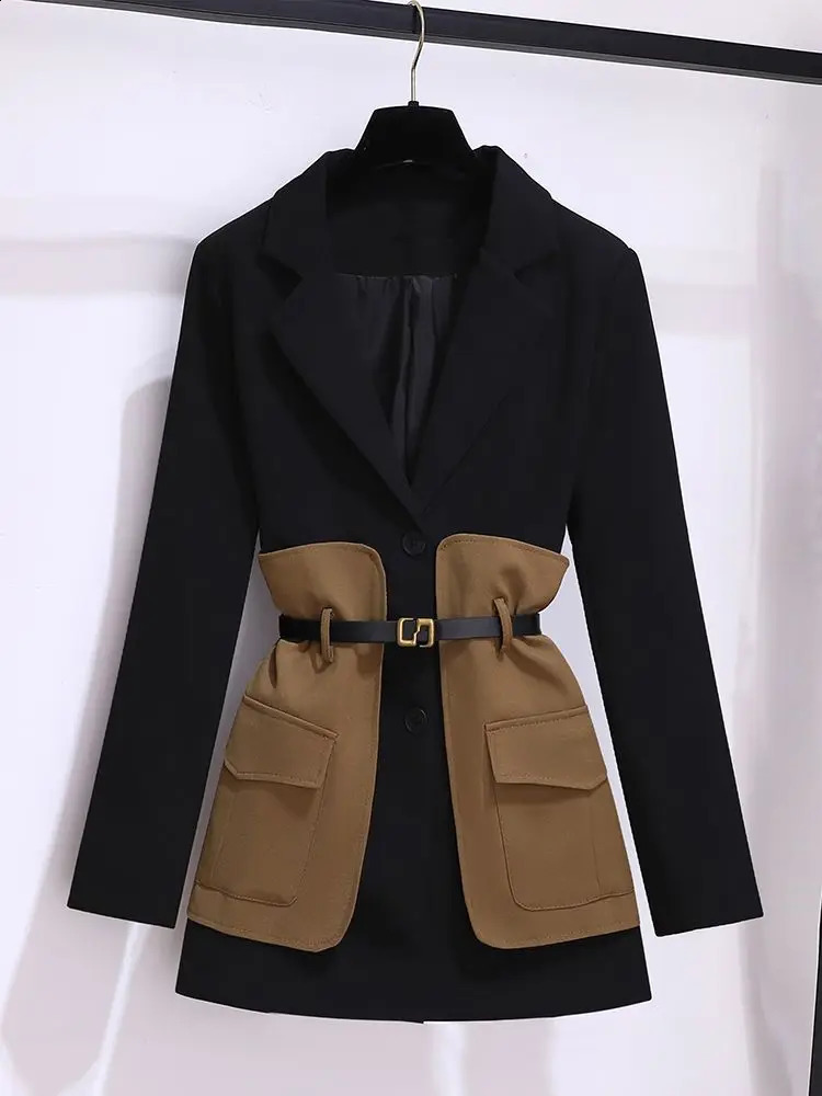 2025 Spring Belt Decorative Patchwork Jacket Blazer Casual Expansion Crying Two-piece Elegant Women Pants Suit Office Outfits 250410