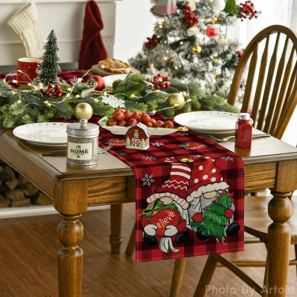 Christmas Artoid Mode Red and Black Buffalo Plaid Gnome Believe Snowflakes Christmas Table Runner Seasonal Winter Holiday Kitchen Dining Y251113