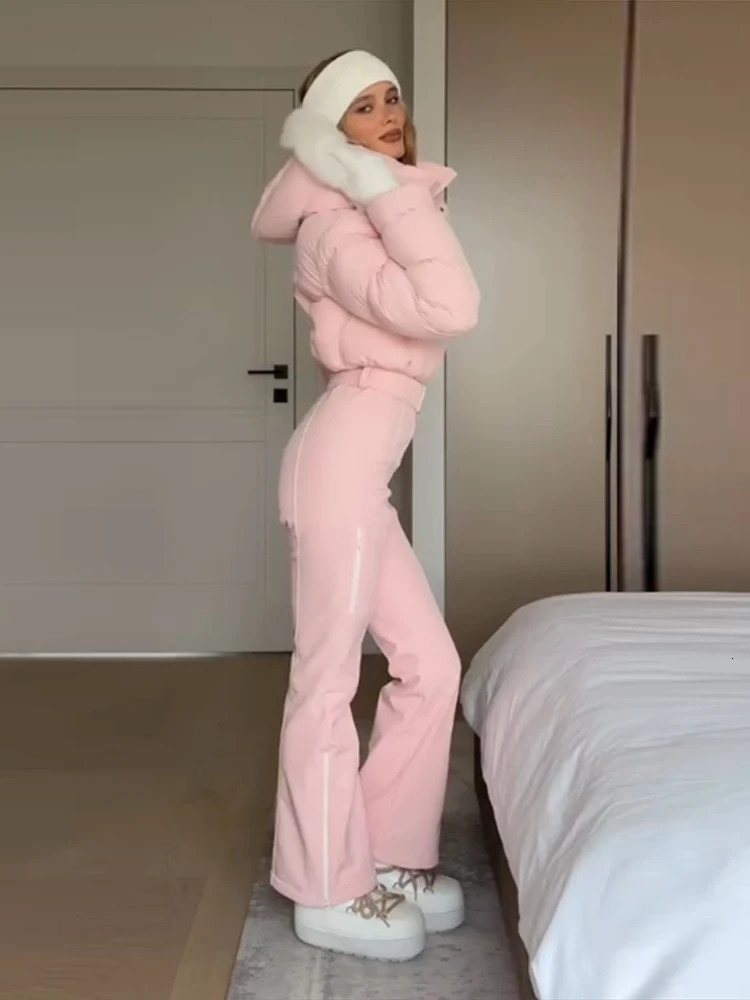 Snow Jumpsuit Women High Neck Zipper Long Sleeves Hoodie Patchwork Fur Belts Skiwear Female 2025 Winter Solid Warm Streetwears 251113