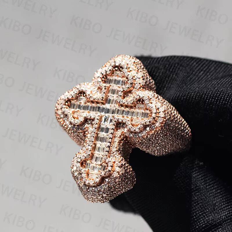 Hip Hop Luxury Cross Ring 925 Sterling Silver Moissanite VVS Baguette Moissanite Diamond for Gift
