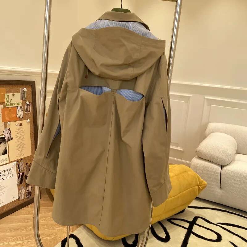 Autumn Winter Fashion Trench Leather Label Letter Hooded Windbreaker Woman Loose Jacket Windproof Coat Ladies Outderwear