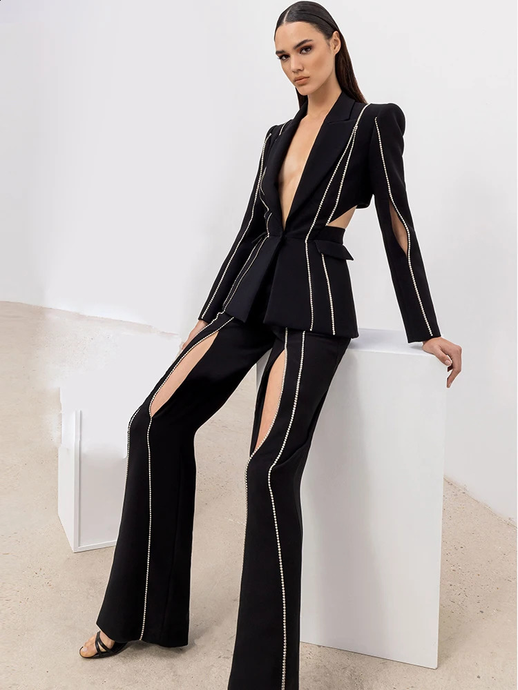 High Street est Fashion er Set Womens Single Button Hollow Diamond Bead Trail Blazer Flash Pants Set 250410