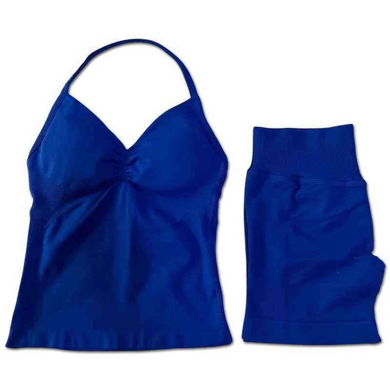 2pcs Impact Gym Set Womens Backless Tank Top High Waist Threaded Seamless Shorts Gym Set Y250412