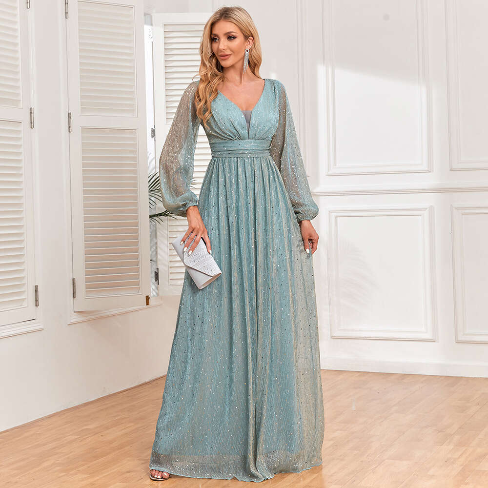 Designer New Women's Bright And Sparkling Pleated Elastic Perspective Long Sleeved V-Neck A Large Swing Skirt With Full Lining Elegant Evening Dr