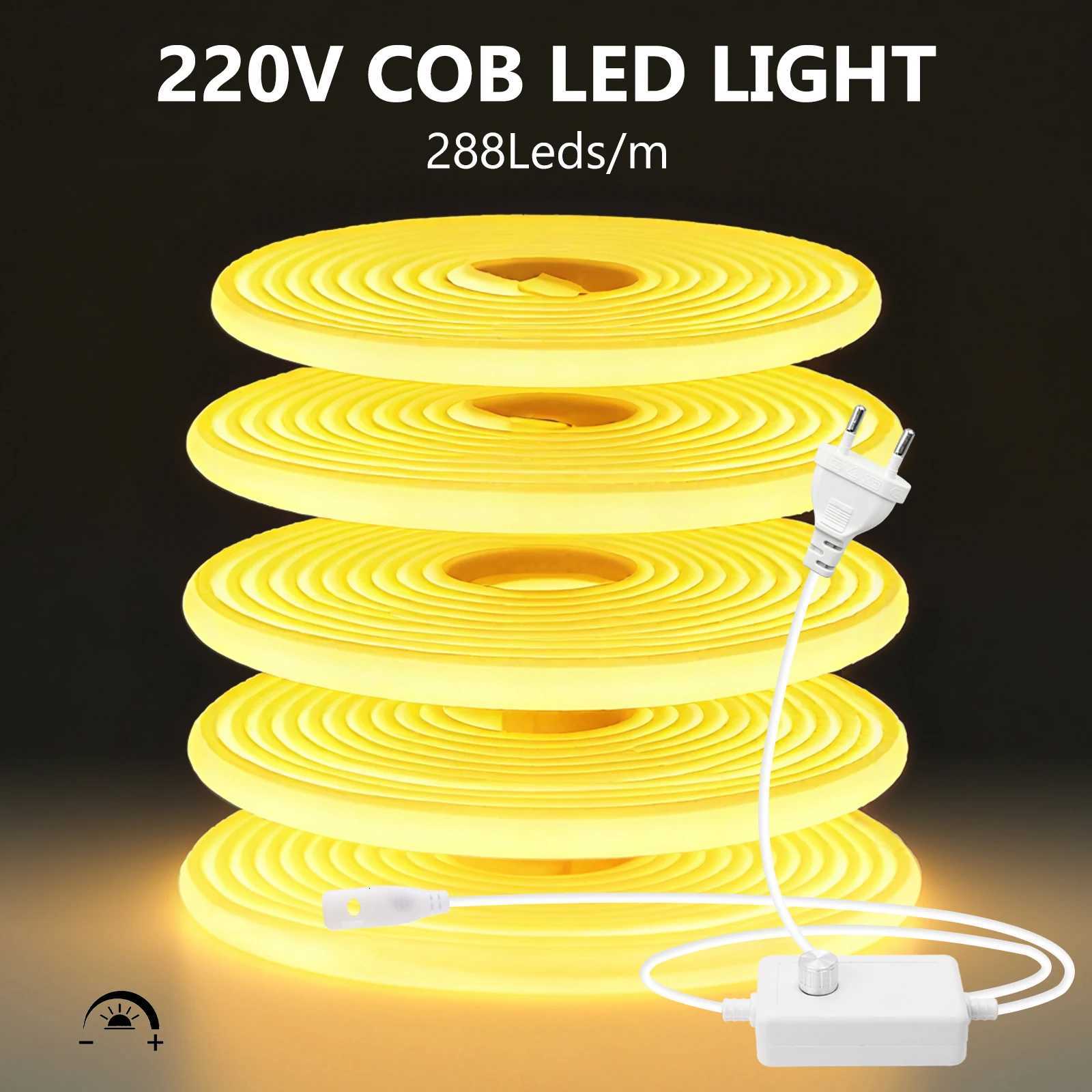 220V COB LED Light Strip IP65 Waterproof Ribbon Tape With EU Dimmer Switch Plug Flex FOB Neon Strips For Home Garden Lighting W251112