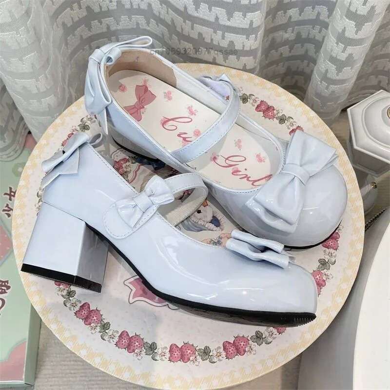 2024Lolita Style Cute Round Head Jane Pumps With Bow Women's Sweet Party Dress Midi Heels Shoes Fashion PU Sandals