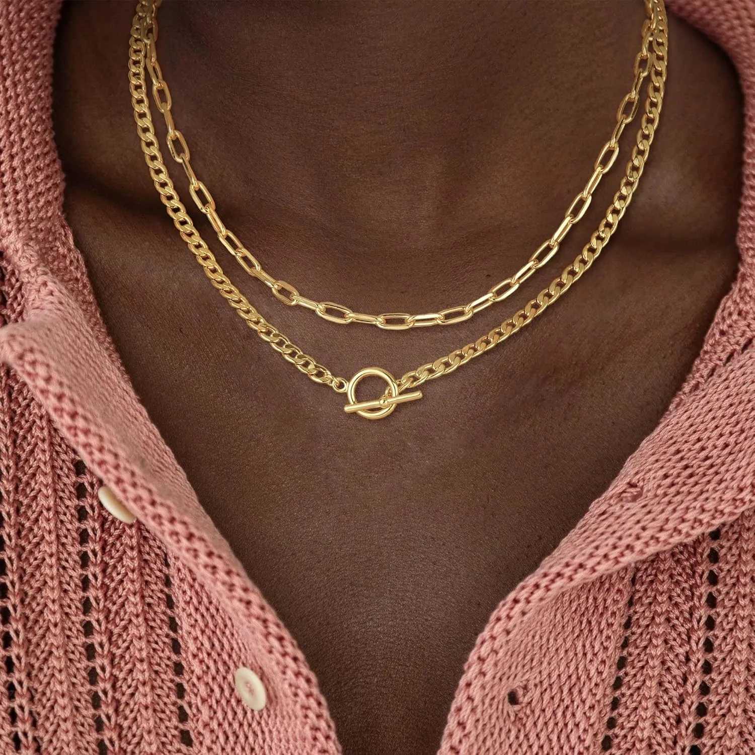 Gold Layered Necklace for Women K Gold Plated Necklace Women Cuban Link Paperclip Chain Toggle Clasp Necklace Jewelry for Women Z250412